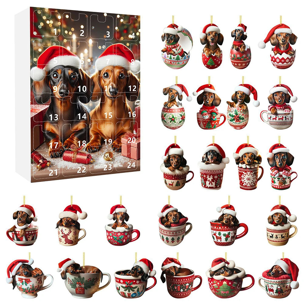 Calendrier de l’Avent 2024 Teckels avec 24 Figurines Chiens en Acrylique