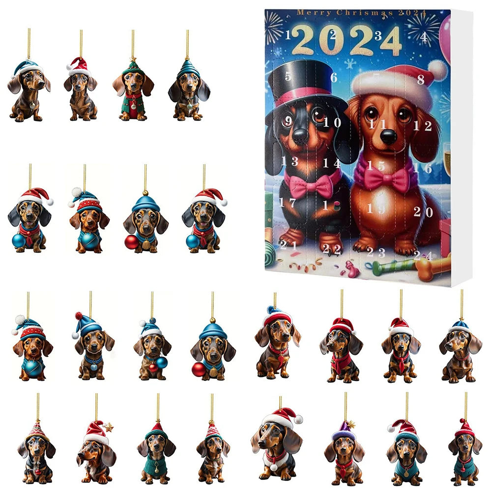 Calendrier de l’Avent 2024 Teckels avec 24 Figurines Chiens en Acrylique