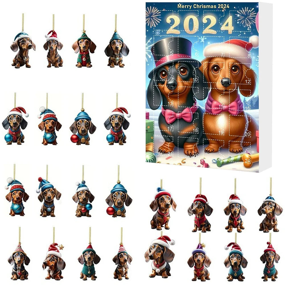 Calendrier de l’Avent 2024 Teckels avec 24 Figurines Chiens en Acrylique