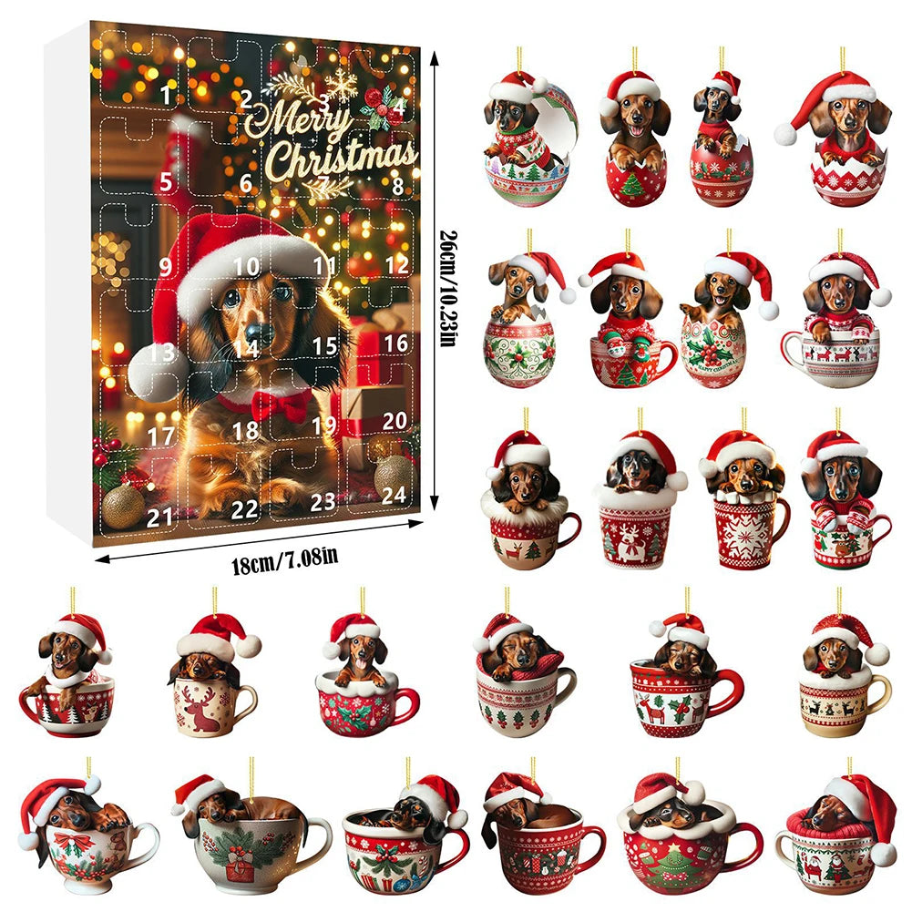 Calendrier de l’Avent 2024 Teckels avec 24 Figurines Chiens en Acrylique