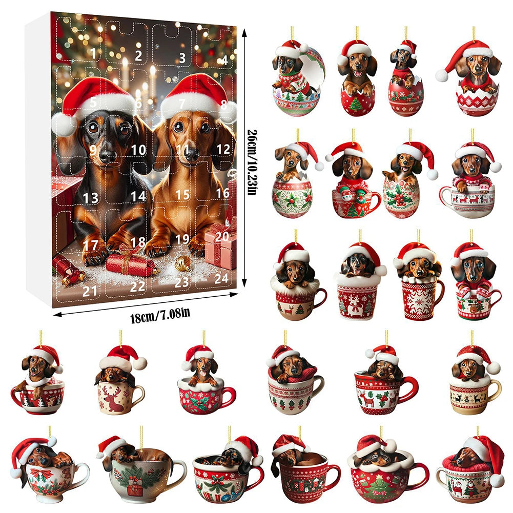 Calendrier de l’Avent 2024 Teckels avec 24 Figurines Chiens en Acrylique