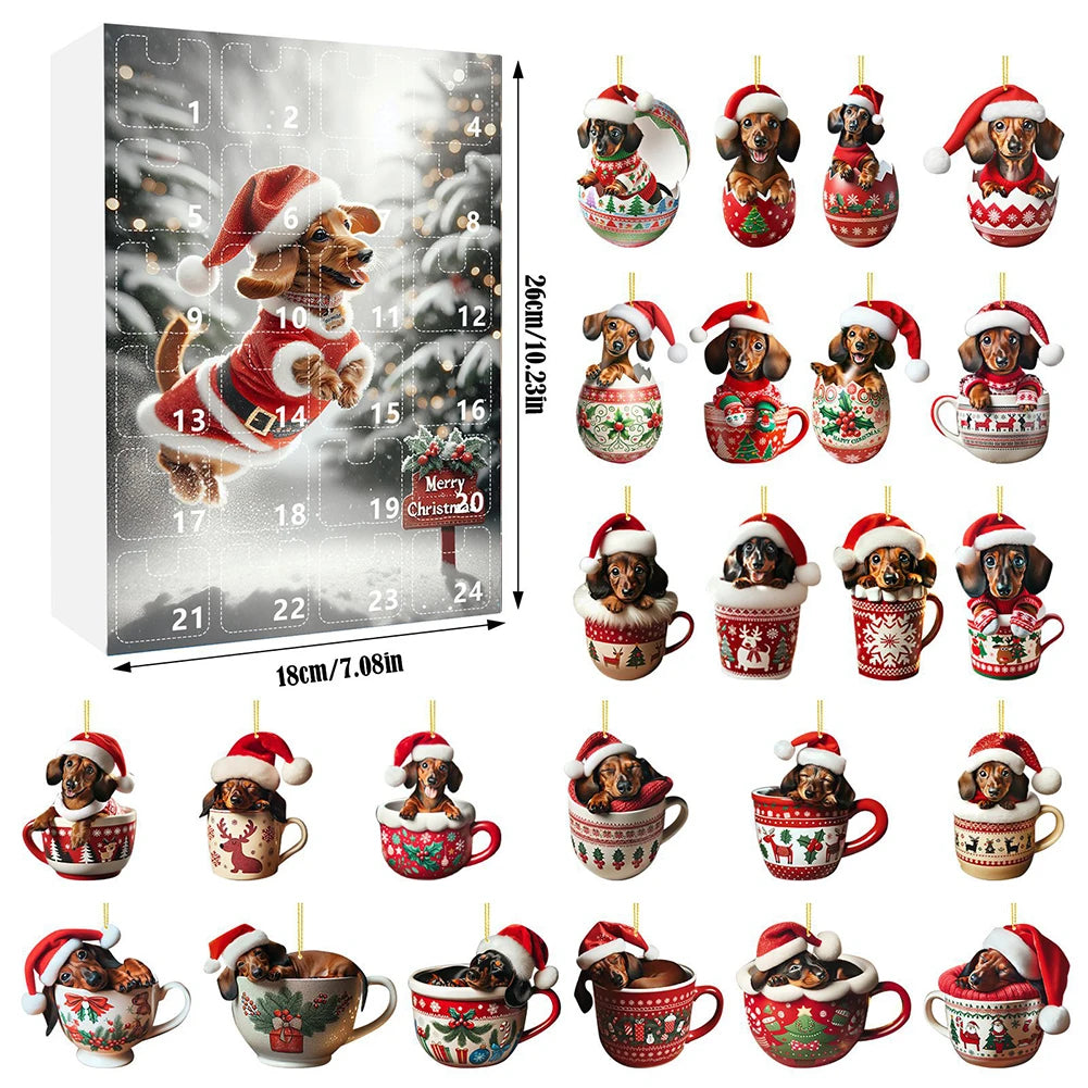 Calendrier de l’Avent 2024 Teckels avec 24 Figurines Chiens en Acrylique