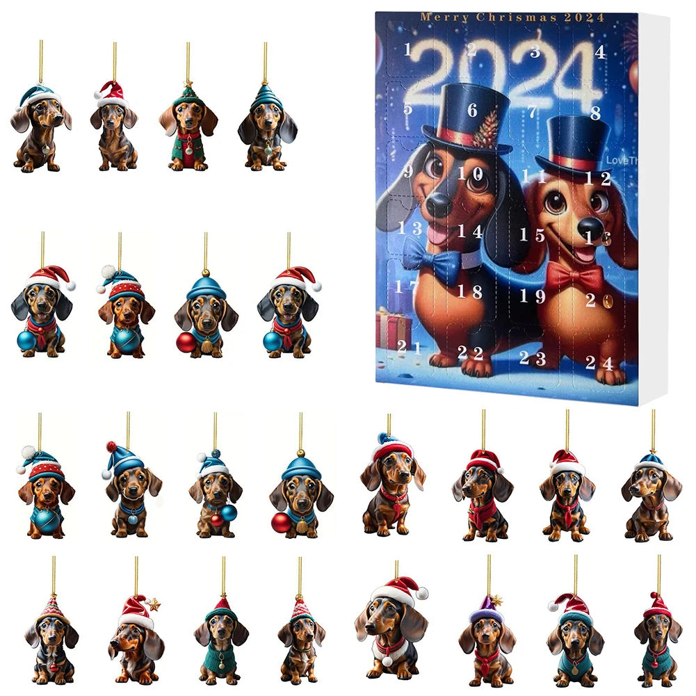 Calendrier de l’Avent 2024 Teckels avec 24 Figurines Chiens en Acrylique