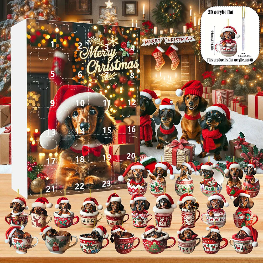 Calendrier de l’Avent 2024 Teckels avec 24 Figurines Chiens en Acrylique