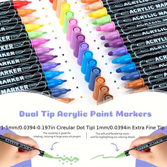 36 Colors Dual Tip Acrylic Pens Markers, Double Tip Premium Acrylic Markers, Acrylic Markers for Wood, Rock Painting, Glass, Canvas, Stone, DIY Crafts Making Art Supplies