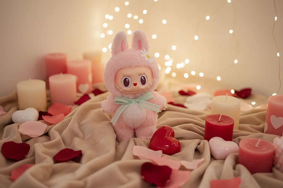 Figurine Labubu lapin rose, objet de collection au style doux et mignon, présentée dans un décor romantique.