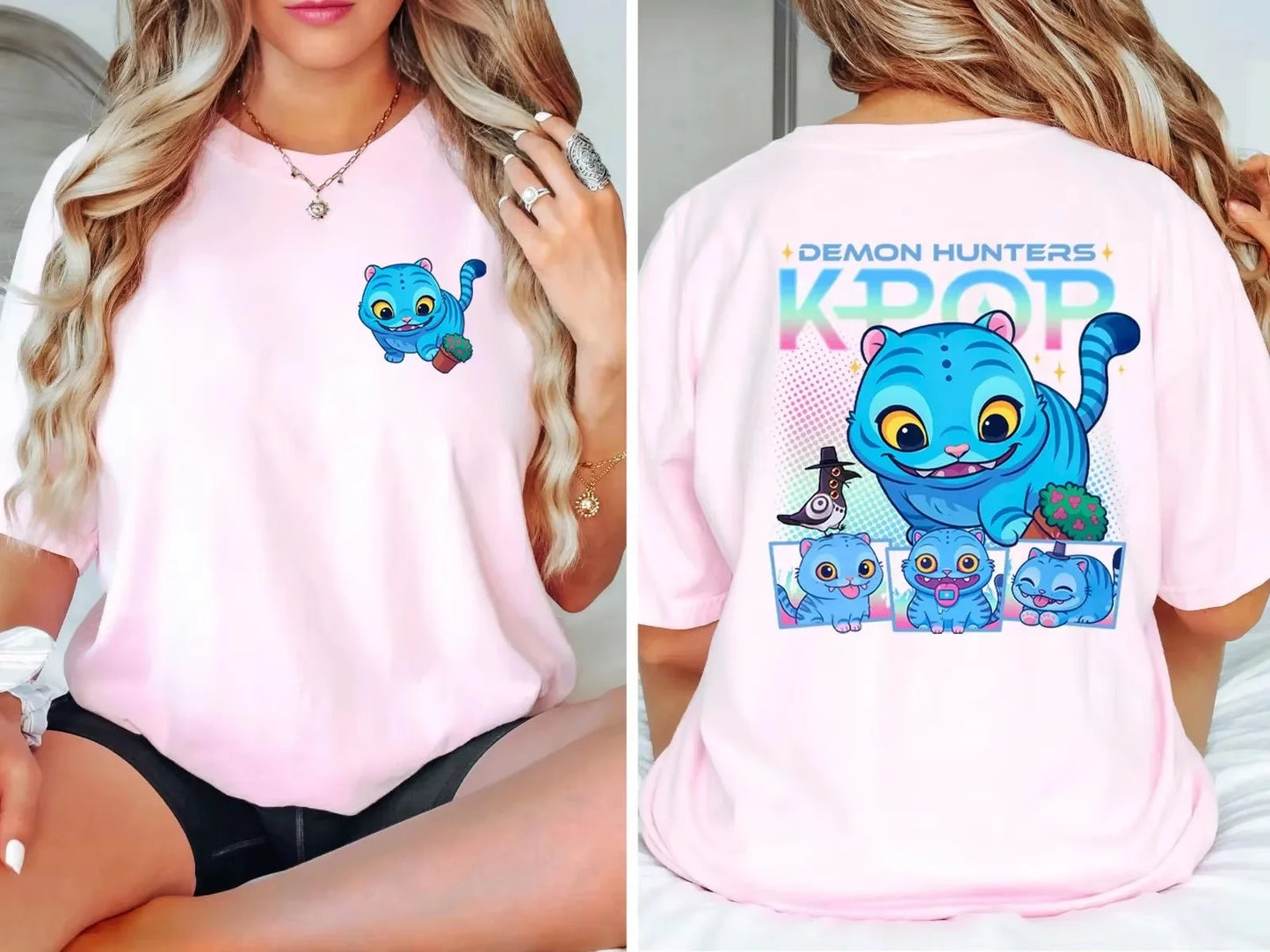 2025 KPop Demon Hunters T-shirt graphique noir mignon Demon Hunters T-shirt avec haut léger à col rond d'été pour les fans de K-Pop