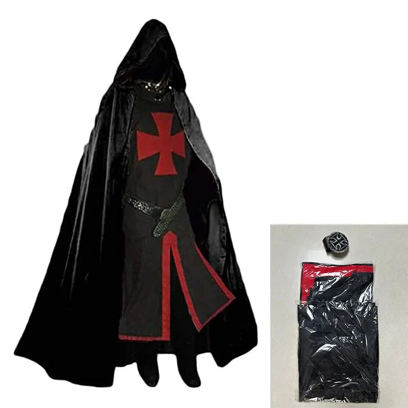 Costume cape médiévale à capuche – Noir et rouge