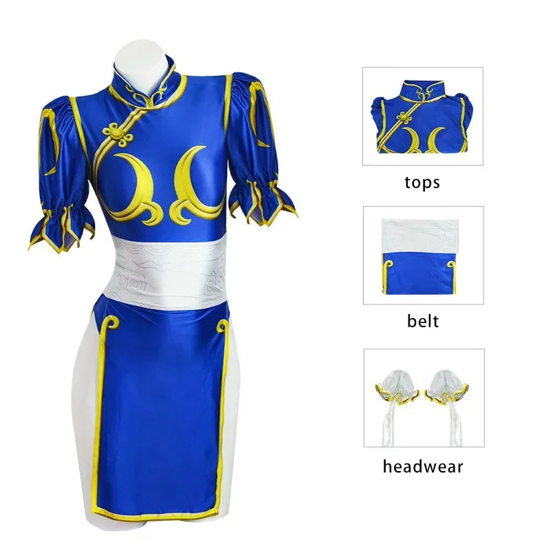 Costume Cosplay Chun-Li – Cheongsam Bleu – Robe et Accessoires