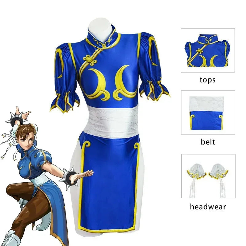 Costume Cosplay Chun-Li – Cheongsam Bleu – Robe et Accessoires