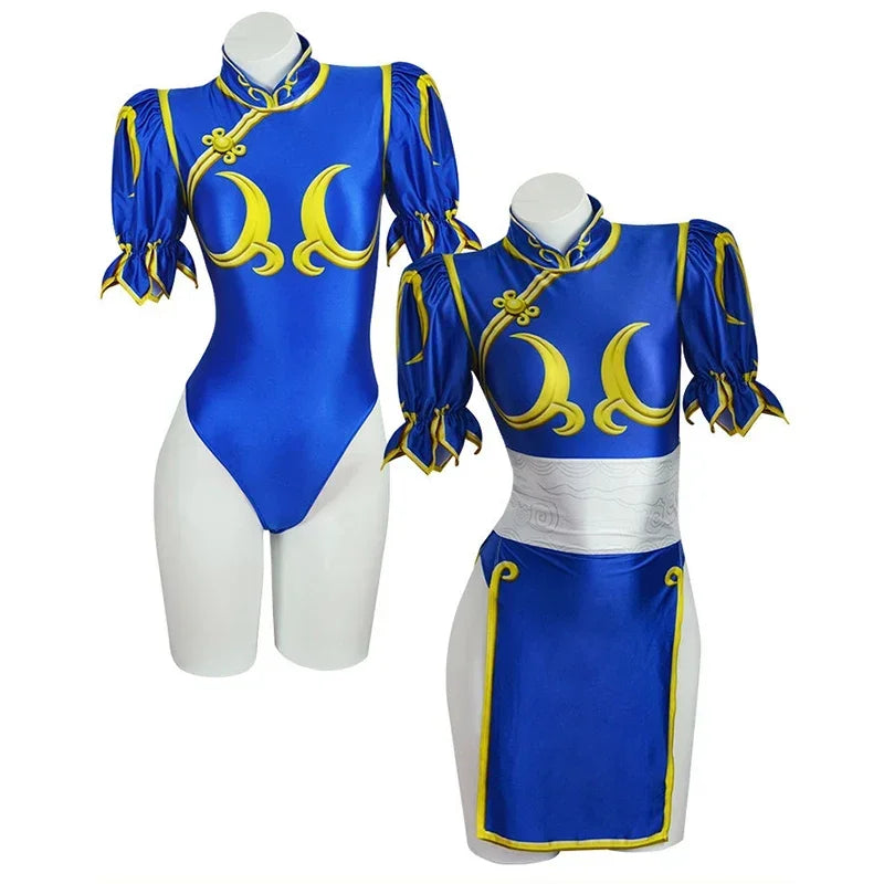 Costume Cosplay Chun-Li – Cheongsam Bleu – Robe et Accessoires