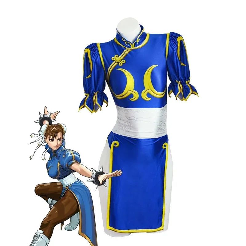 Costume Cosplay Chun-Li – Cheongsam Bleu – Robe et Accessoires