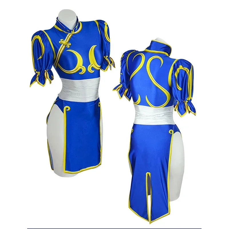 Costume Cosplay Chun-Li – Cheongsam Bleu – Robe et Accessoires