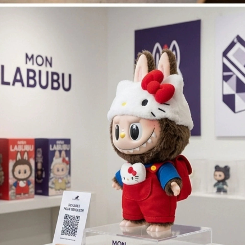Perspective dans une allée d'exposition de galerie pop-up dédiée à la collaboration Labubu the Monsters x Hello Kitty, avec des affiches de marque et des figurines d'art supplémentaires en arrière-plan.