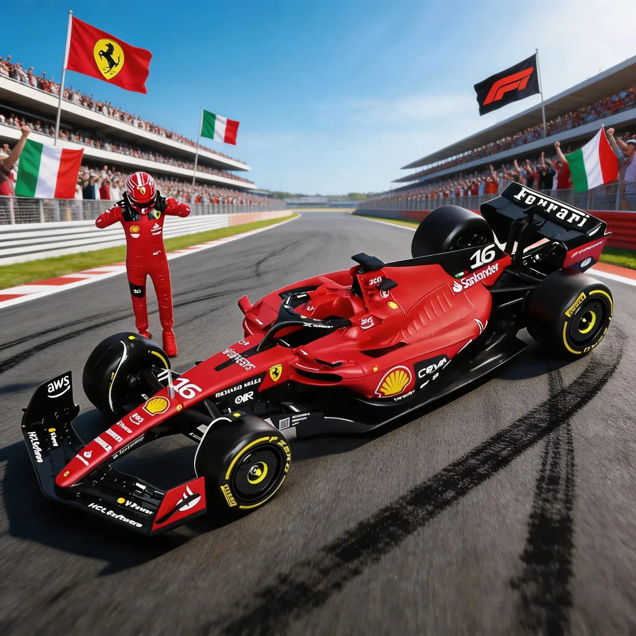 Une voiture de Formule 1 Ferrari rouge numéro 16 dérape sur l'asphalte d'un circuit, laissant des traces de pneus, tandis que des drapeaux italiens et F1 s'agitent et qu'une foule applaudit dans les gradins.