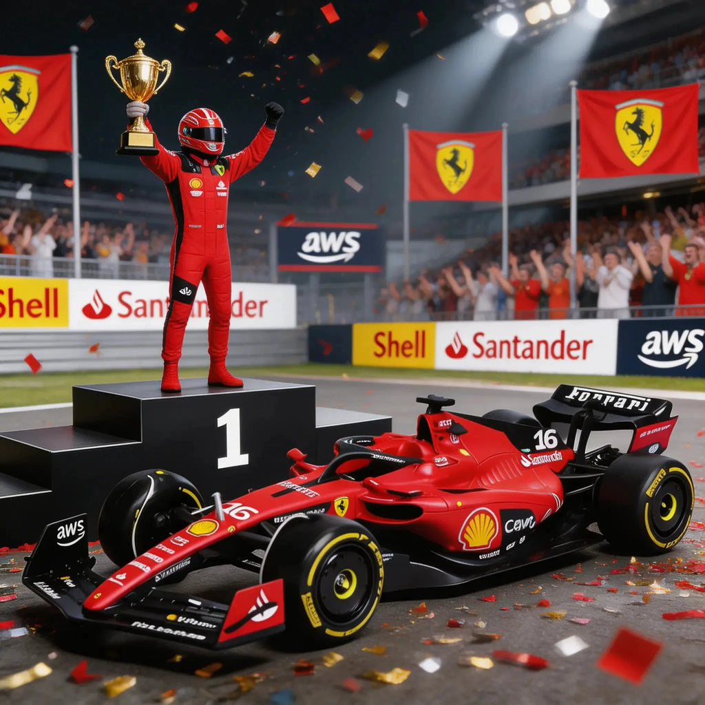 Un pilote Ferrari en combinaison rouge lève le trophée du vainqueur sur un podium numéro 1, entouré de confettis dorés et de drapeaux Ferrari, devant une foule applaudissant, avec sa voiture numéro 16 garée devant.