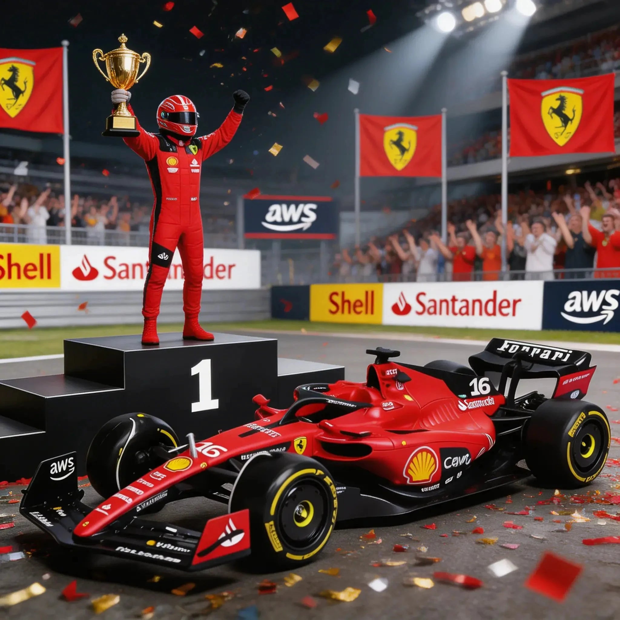 Un pilote Ferrari en combinaison rouge lève le trophée du vainqueur sur un podium numéro 1, entouré de confettis dorés et de drapeaux Ferrari, devant une foule applaudissant, avec sa voiture numéro 16 garée devant.