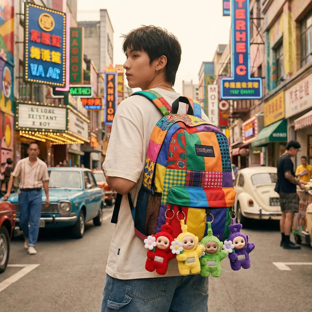 Vue arrière d'un jeune homme portant un sac à dos Teletubbies coloré orné de charms, marchant dans une rue urbaine animée avec des bâtiments d'inspiration asiatique.