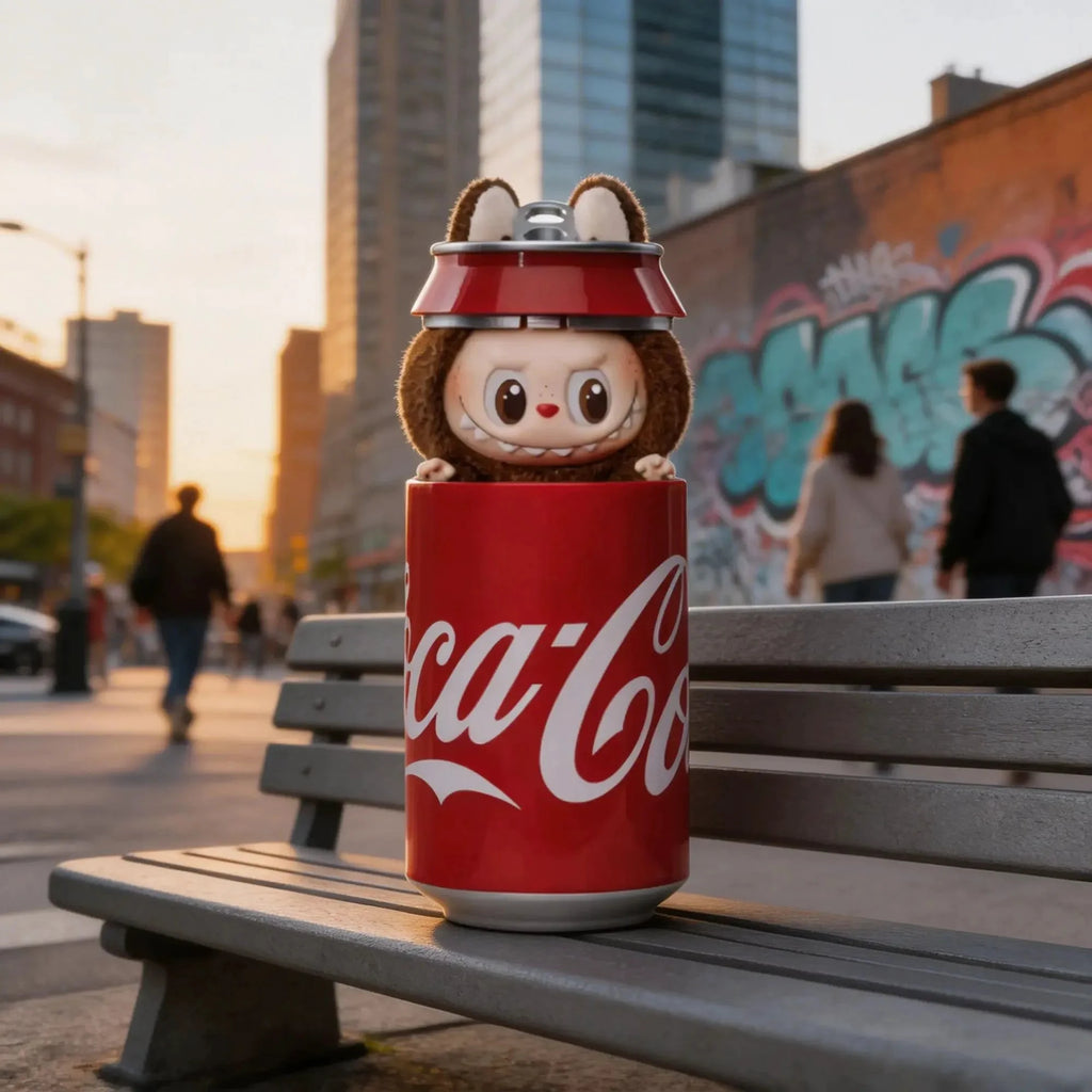 Photographie réaliste d'une canette de Coca-Cola rouge customisée, posée sur un banc de ville en bois. Une petite tête de figurine Labubu en peluche marron, portant un casque de motard, émerge du haut de la canette. L'arrière-plan montre une rue de ville avec des immeubles modernes et un mur tagué