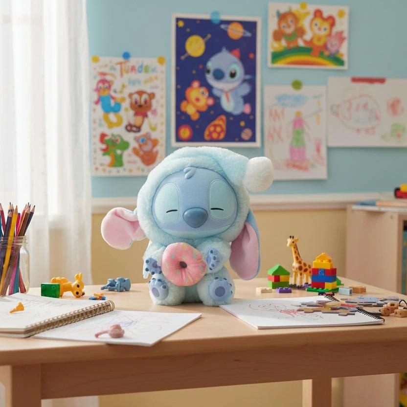 Peluche Stitch bleue assise sur une table d’enfant, tenant un donut, entourée de dessins, crayons et jouets dans une chambre décorée.