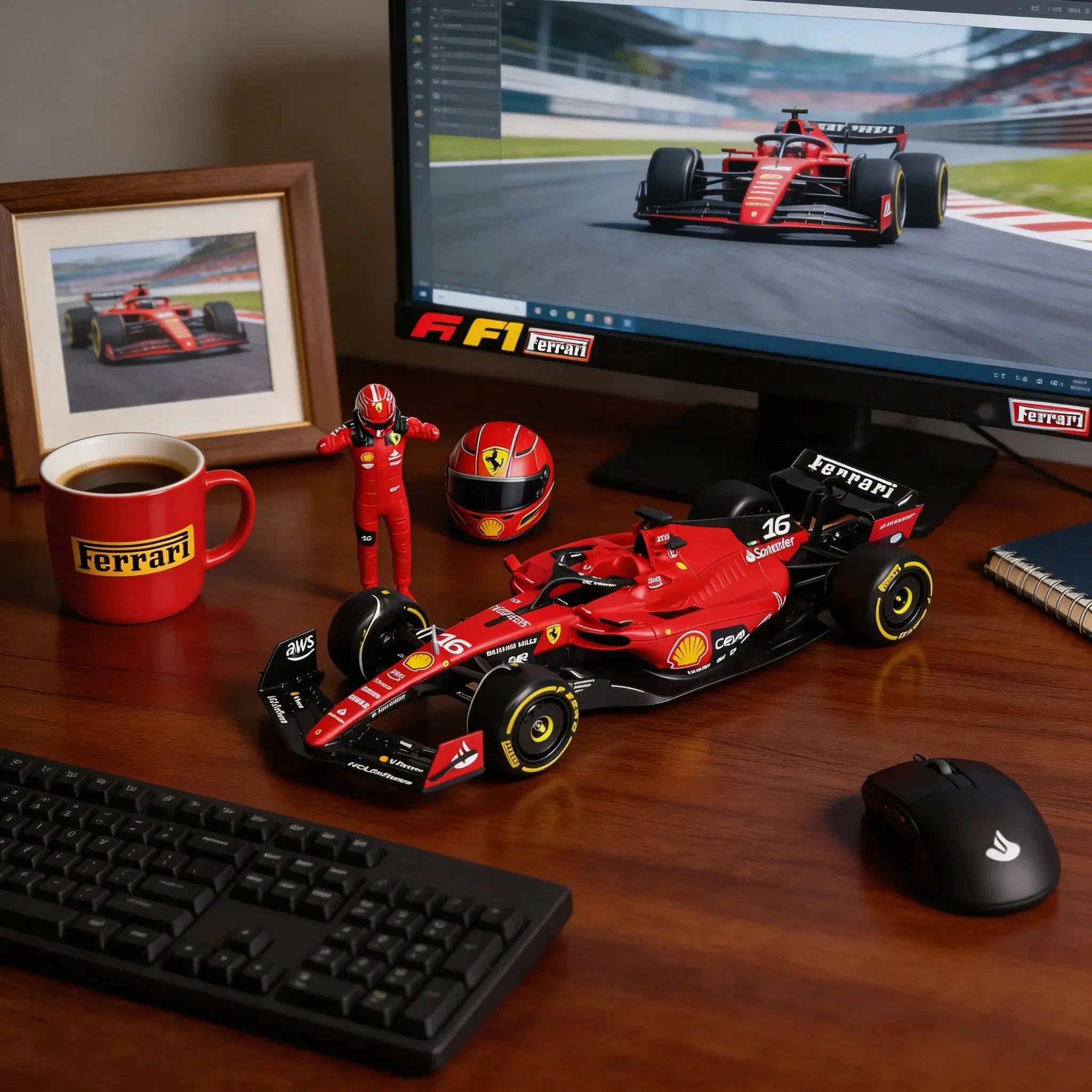 Un bureau en bois avec un ordinateur affichant une photo de F1, un grand modèle réduit de la Ferrari F1 numéro 16, une figurine de pilote, un casque miniature, un mug Ferrari rouge et un clavier.